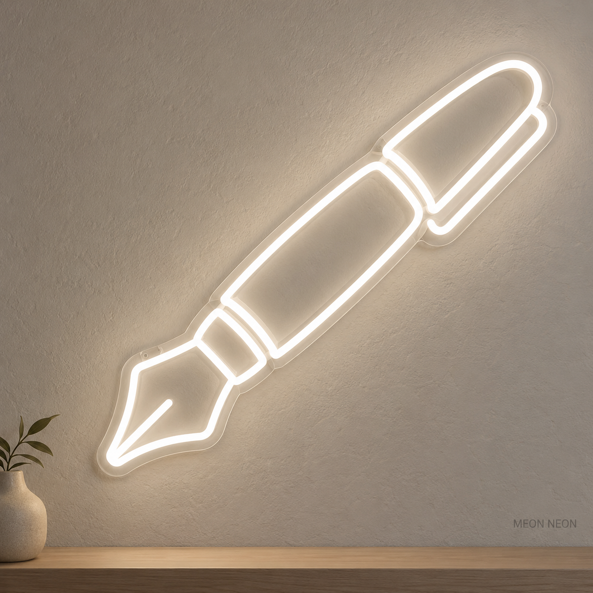 Watermarked concept mockup of Mini Fountain Pen LED Neon Sign in White on a clear acrylic backboard.