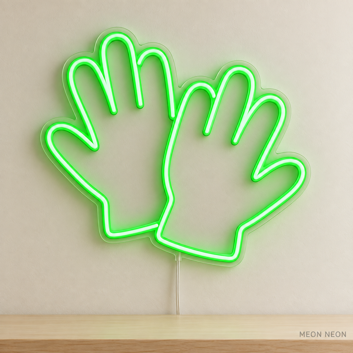 Watermarked concept mockup of Mini Garden Gloves LED Neon Sign in Green on a clear acrylic backboard.