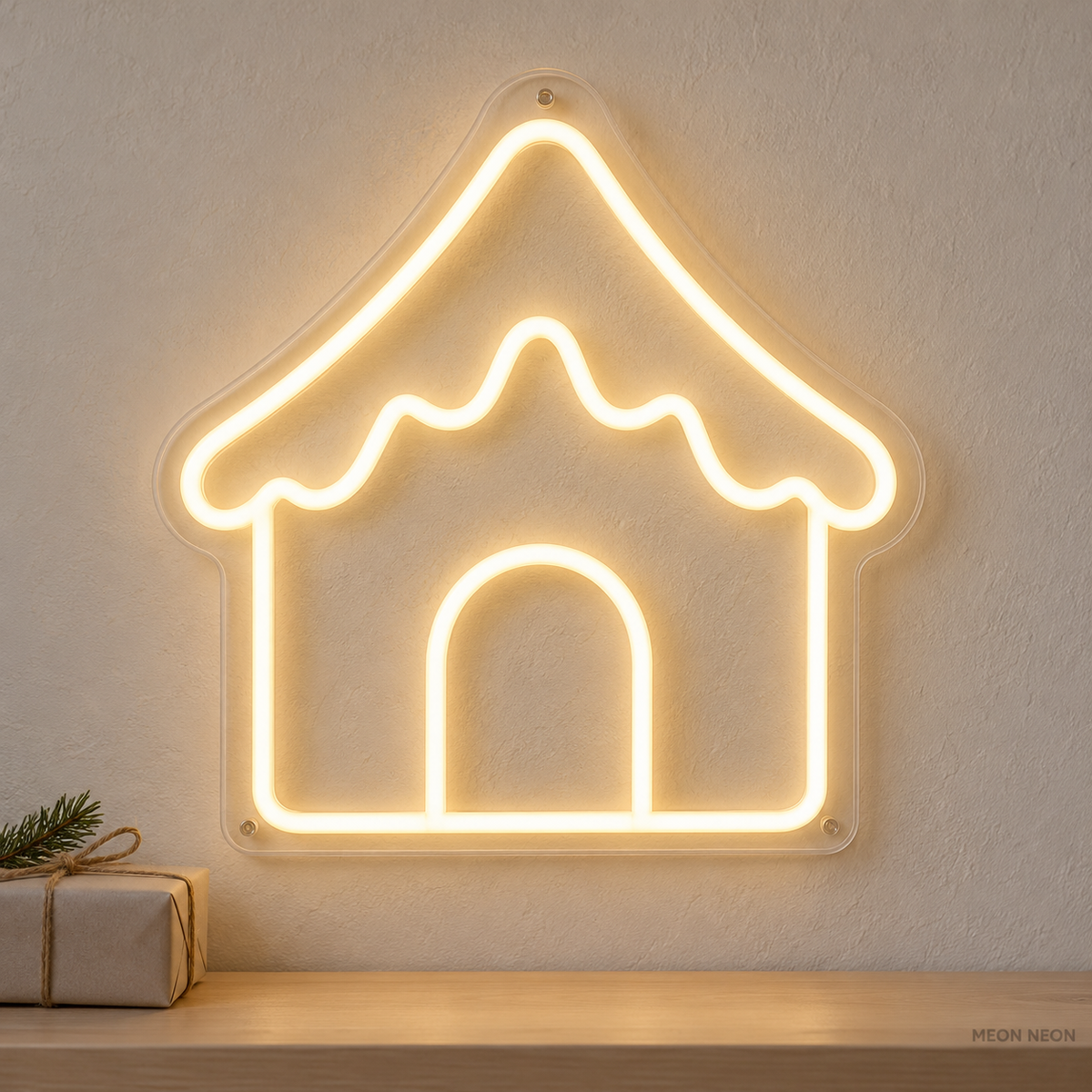 Watermarked concept mockup of the Mini Gingerbread House LED Neon Sign in Warm White on a clear acrylic backboard.