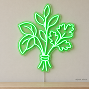 Watermarked concept mockup of Mini Herb Bundle LED Neon Sign in Green on a clear acrylic backboard.