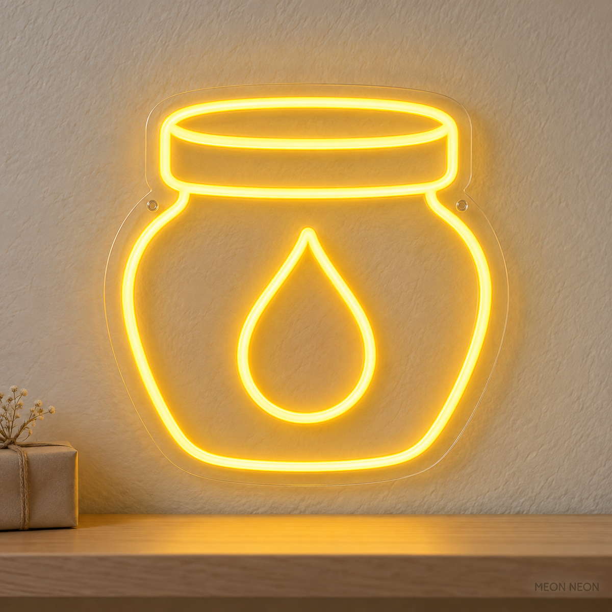 Watermarked concept mockup of the Mini Honey Jar LED Neon Sign in Yellow on a clear acrylic backboard.