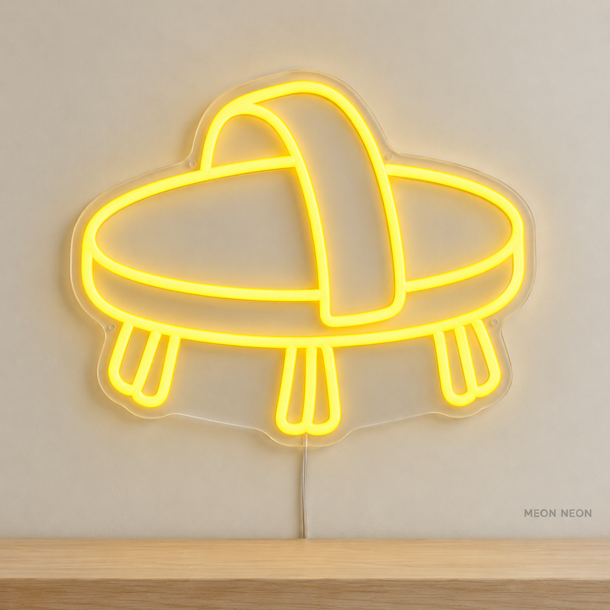 Watermarked concept mockup of Mini Horse Brush LED Neon Sign in Yellow on a clear acrylic backboard.
