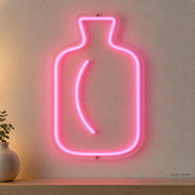 Watermarked concept mockup of Mini Hot Water Bottle LED Neon Sign in Pink on a clear acrylic backboard.