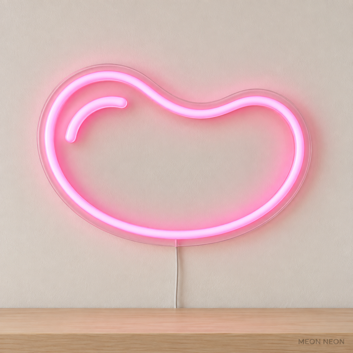 Watermarked concept mockup of Mini Jelly Bean LED Neon Sign in Pink on a clear acrylic backboard.