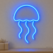 Watermarked concept mockup of the Mini Jellyfish LED Neon Sign in Blue on a clear acrylic backboard.