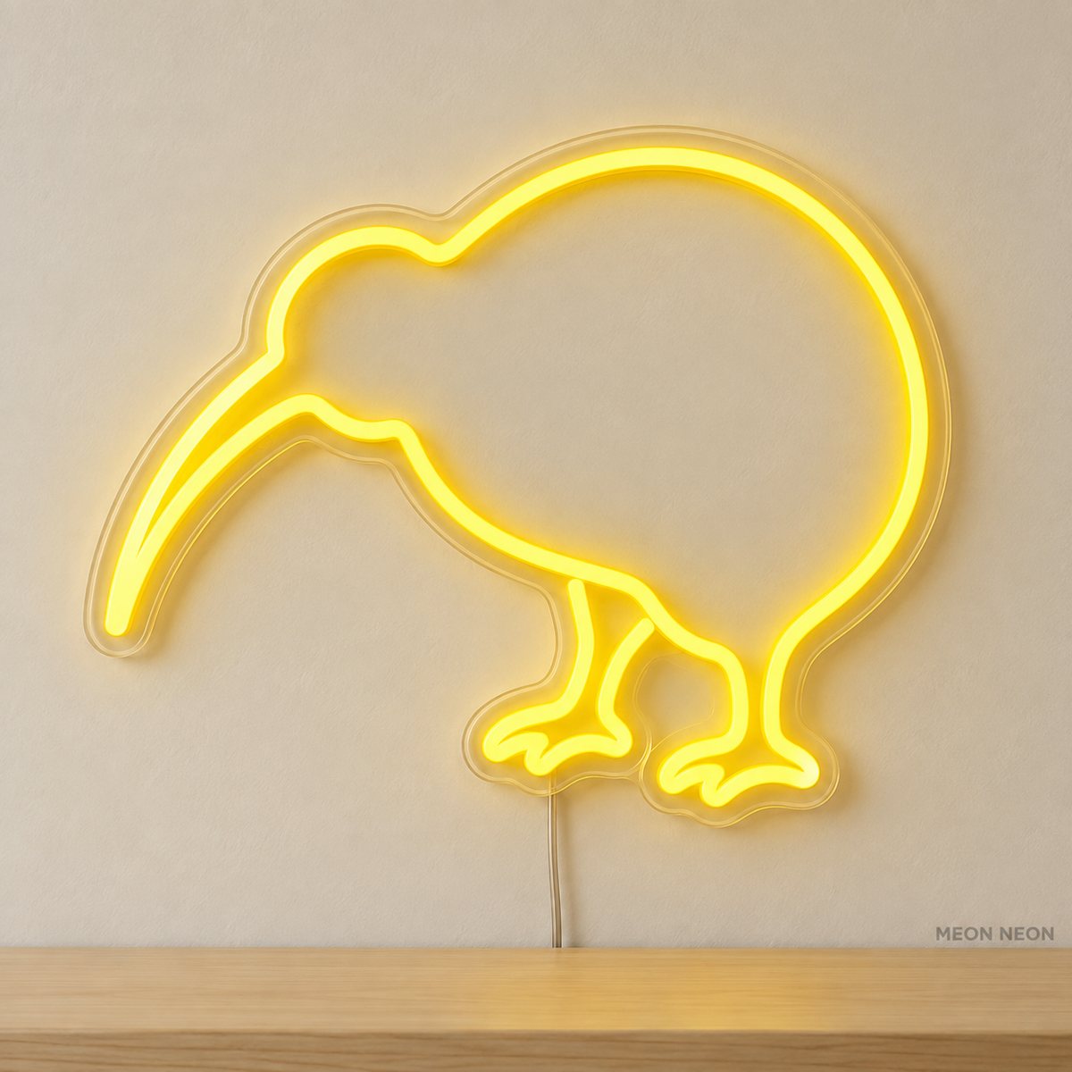 Watermarked concept mockup of Mini Kiwi Bird LED Neon Sign in Yellow on a clear acrylic backboard.