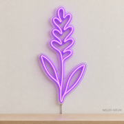 Watermarked concept mockup of Mini Lavender Sprig LED Neon Sign in Purple on a clear acrylic backboard.