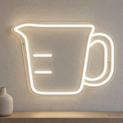 Watermarked concept mockup of Mini Measuring Cup LED Neon Sign in White on a clear acrylic backboard.