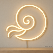 Watermarked concept mockup of Mini Nautilus LED Neon Sign in Warm White on a clear acrylic backboard.