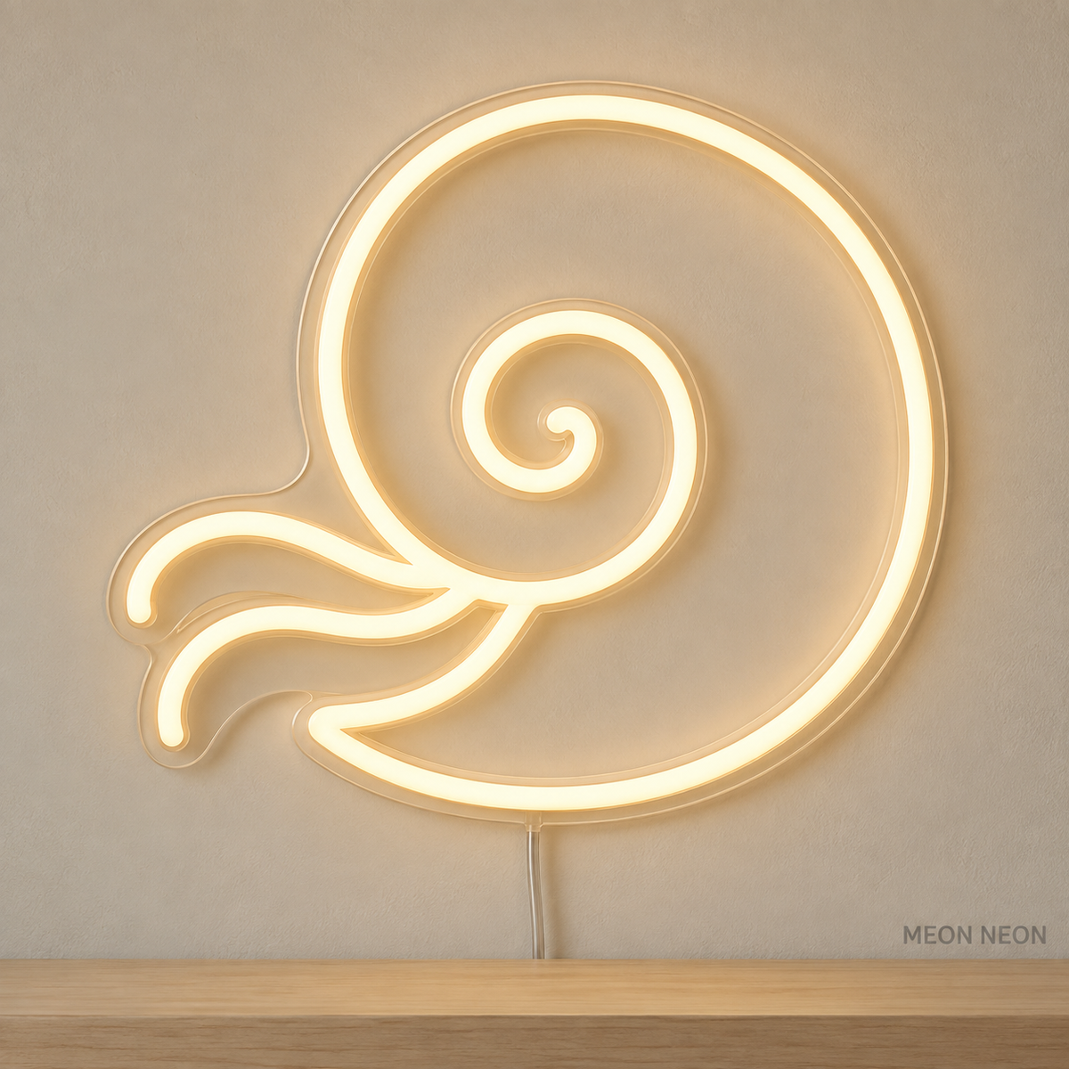 Watermarked concept mockup of Mini Nautilus LED Neon Sign in Warm White on a clear acrylic backboard.