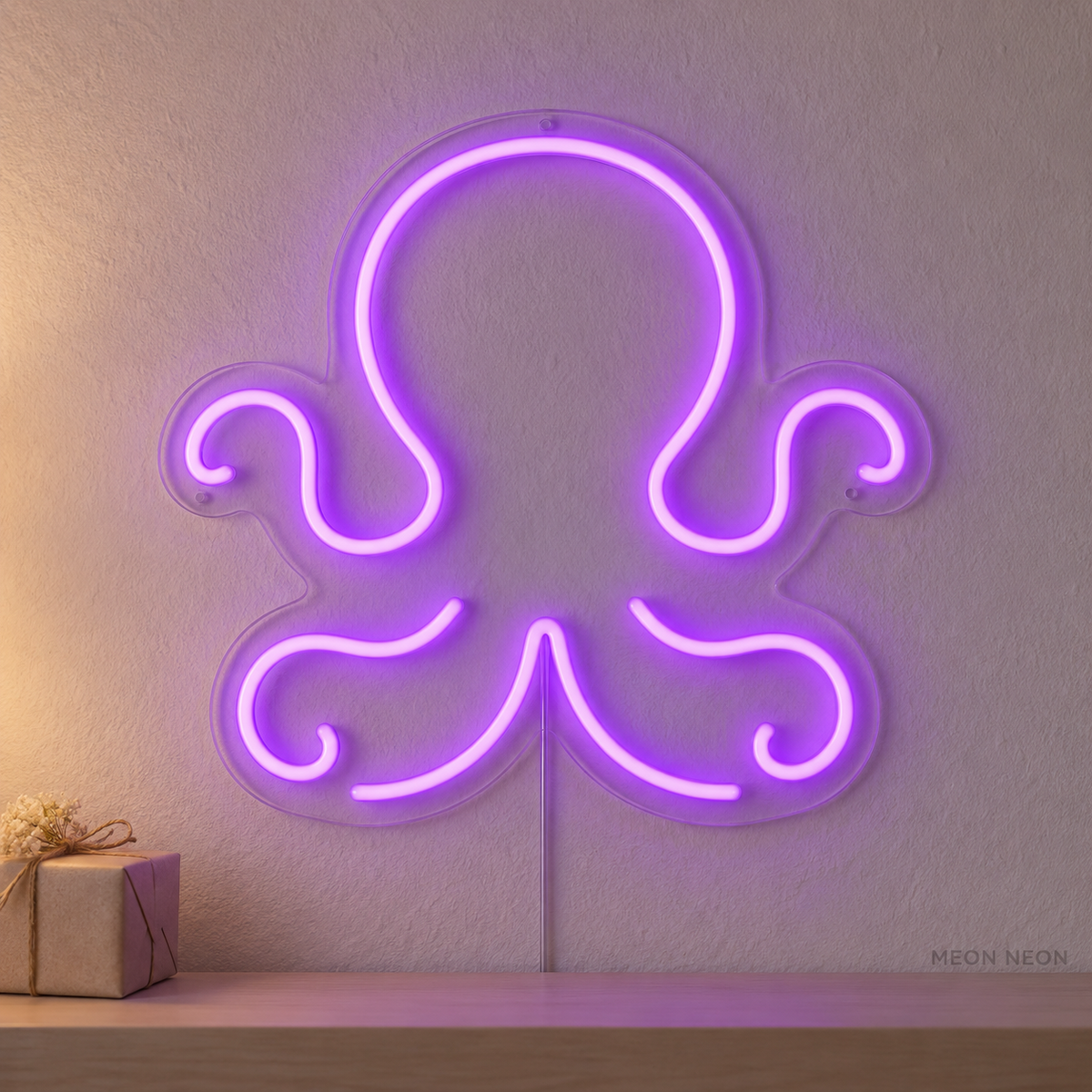 Watermarked concept mockup of the Mini Octopus LED Neon Sign in Purple on a clear acrylic backboard.