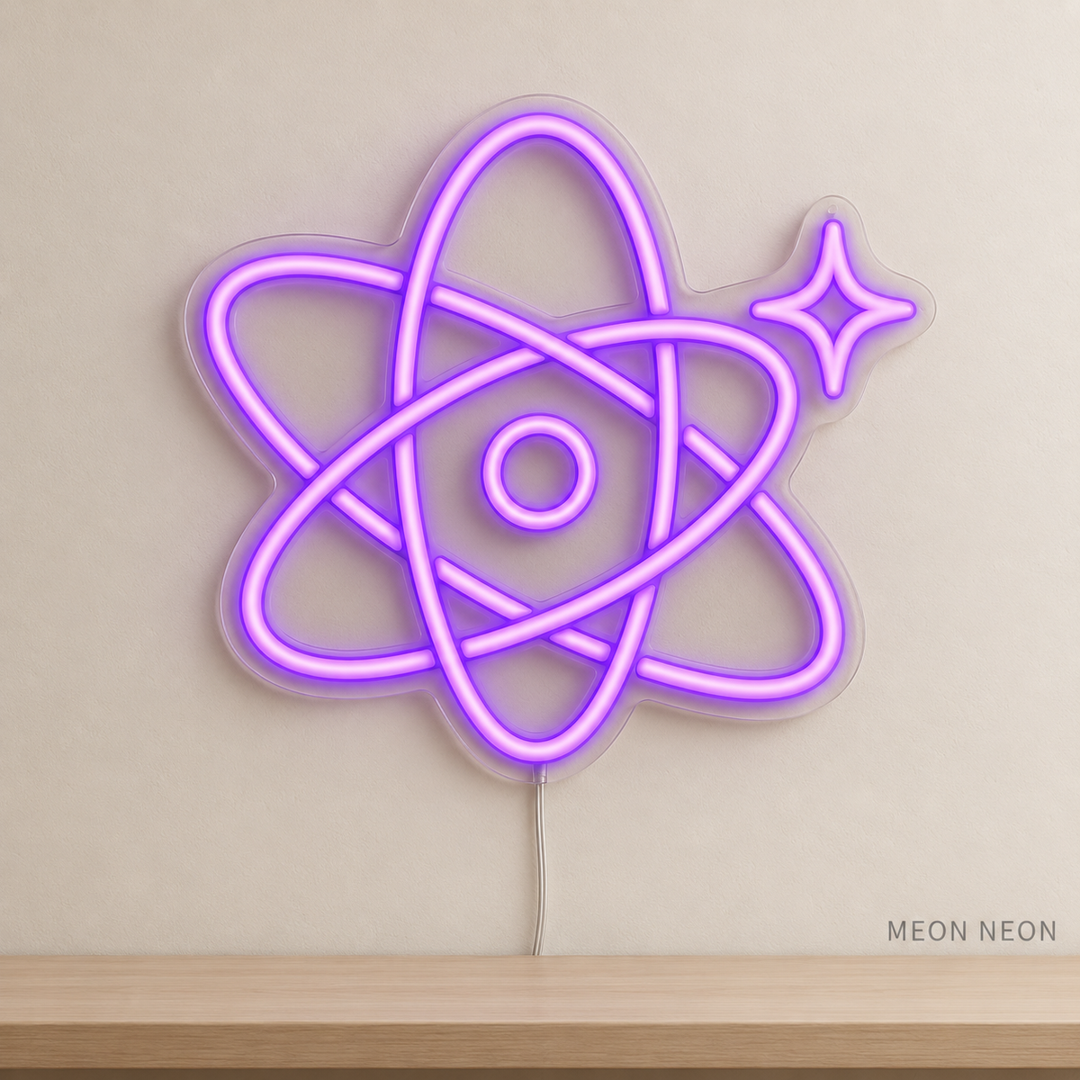 Watermarked concept mockup of Mini Orbit Spark LED Neon Sign in Purple on a clear acrylic backboard.