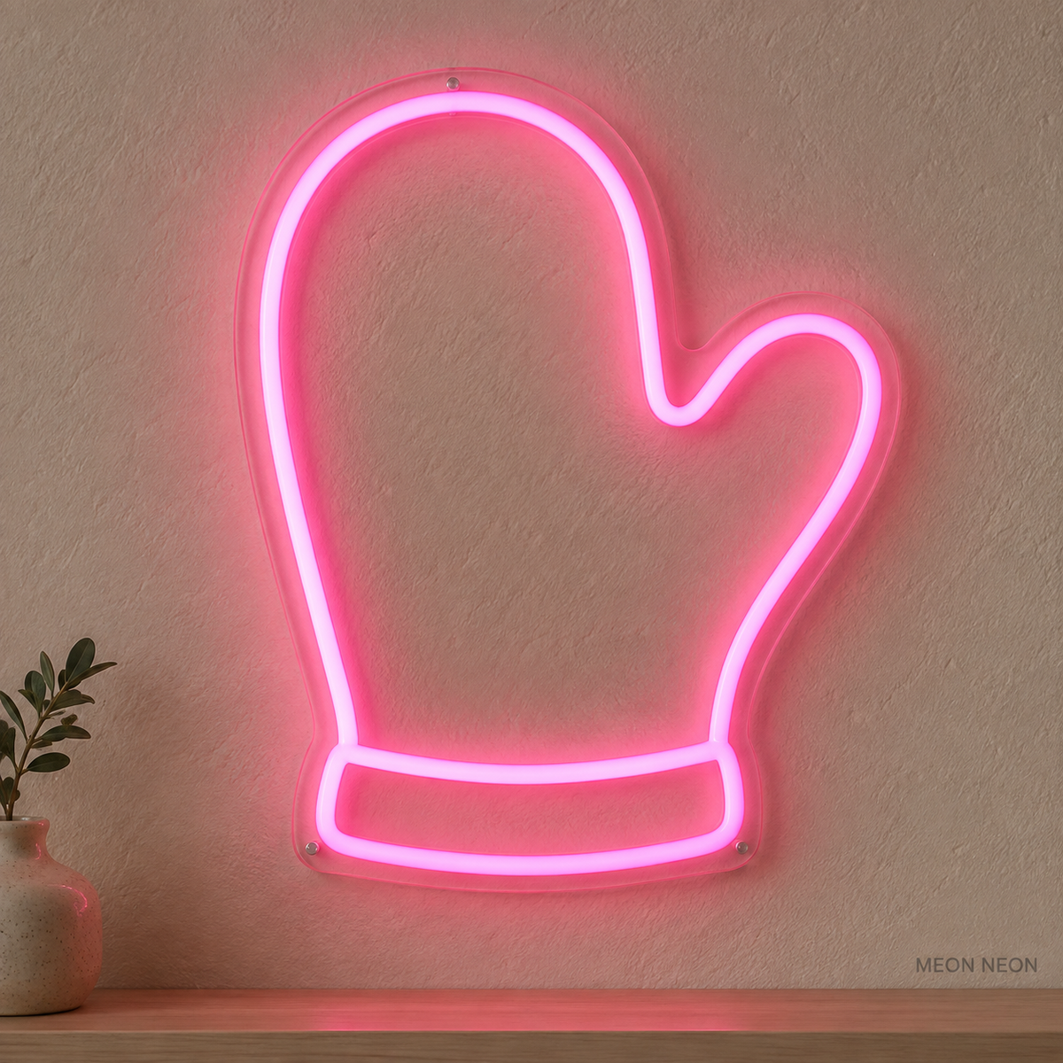 Watermarked concept mockup of Mini Oven Mitt LED Neon Sign in Pink on a clear acrylic backboard.
