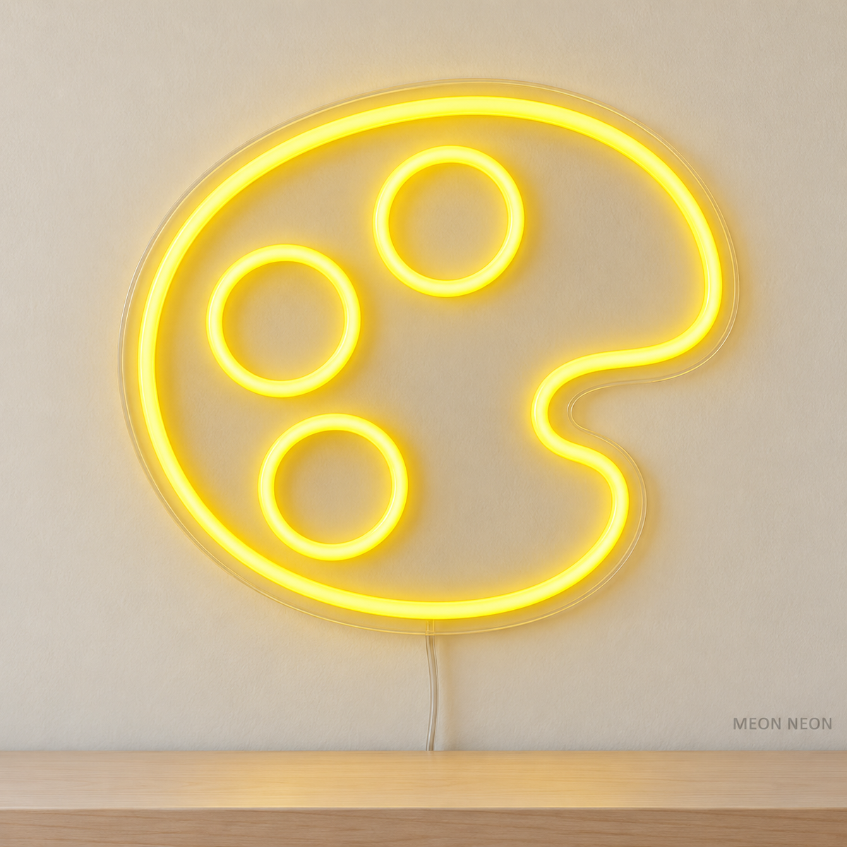 Watermarked concept mockup of Mini Paint Palette LED Neon Sign in Yellow on a clear acrylic backboard.