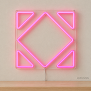 Watermarked concept mockup of Mini Patchwork Tile LED Neon Sign in Pink on a clear acrylic backboard.