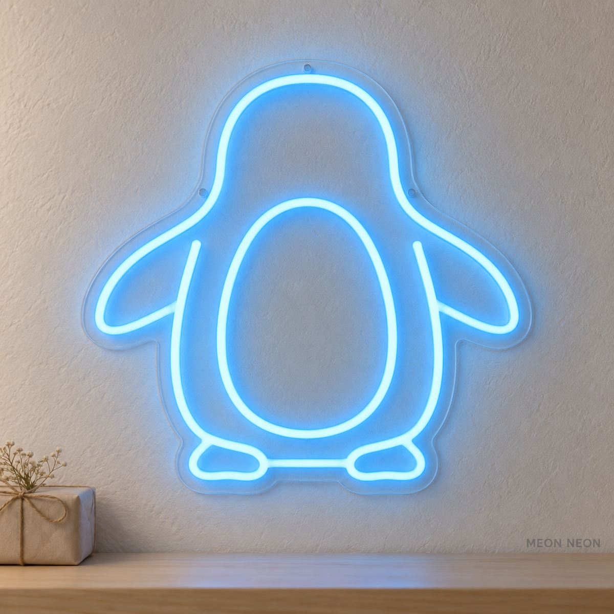 Watermarked concept mockup of the Mini Penguin LED Neon Sign in Ice Blue on a clear acrylic backboard.