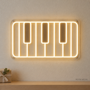 Watermarked concept mockup of the Mini Piano Keys LED Neon Sign in Warm White on a clear acrylic backboard.