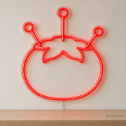 Watermarked concept mockup of Mini Pincushion LED Neon Sign in Red on a clear acrylic backboard.