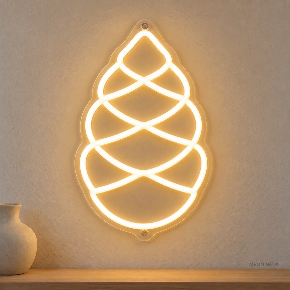 Watermarked concept mockup of Mini Pinecone LED Neon Sign in Warm White on a clear acrylic backboard.