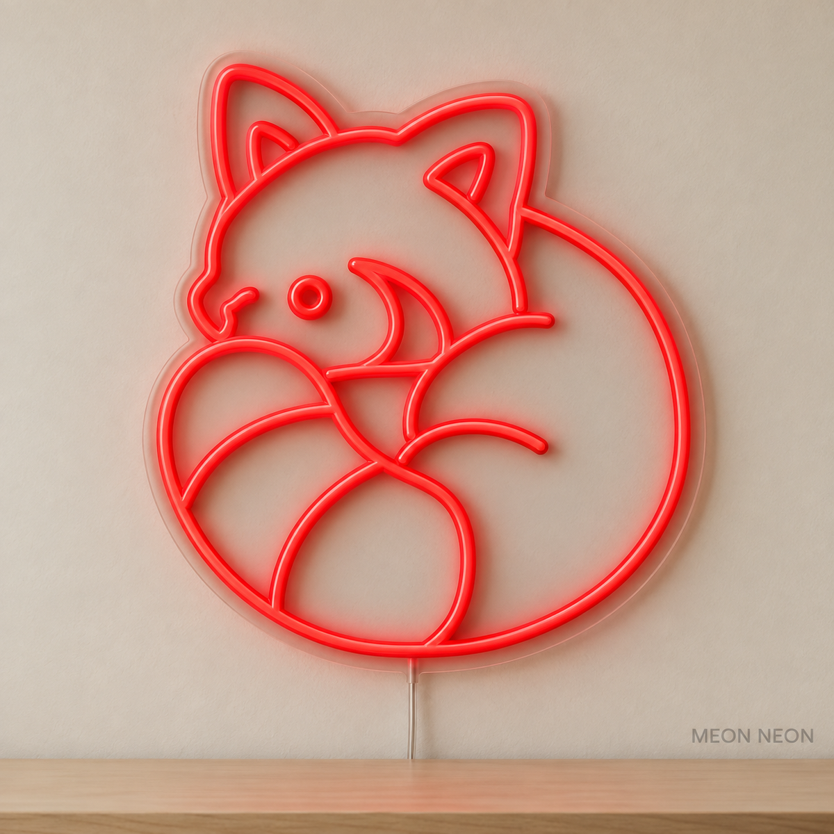 Watermarked concept mockup of Mini Red Panda LED Neon Sign in Red on a clear acrylic backboard.
