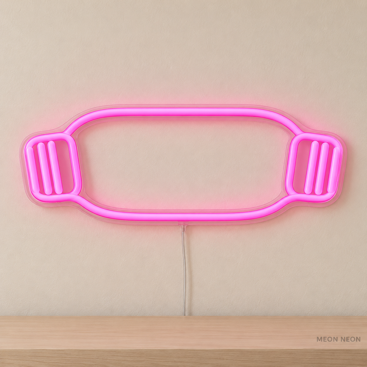 Watermarked concept mockup of Mini Resistance Band LED Neon Sign in Pink on a clear acrylic backboard.