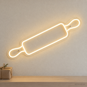 Watermarked concept mockup of the Mini Rolling Pin LED Neon Sign in Warm White on a clear acrylic backboard.