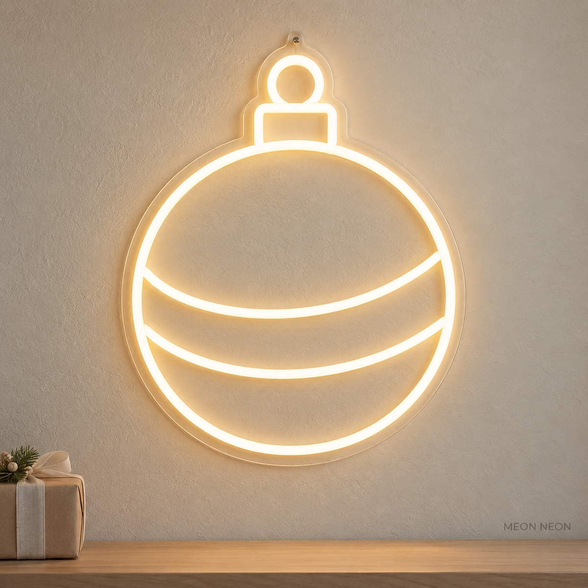 Watermarked concept mockup of the Mini Round Ornament LED Neon Sign in Warm White on a clear acrylic backboard.