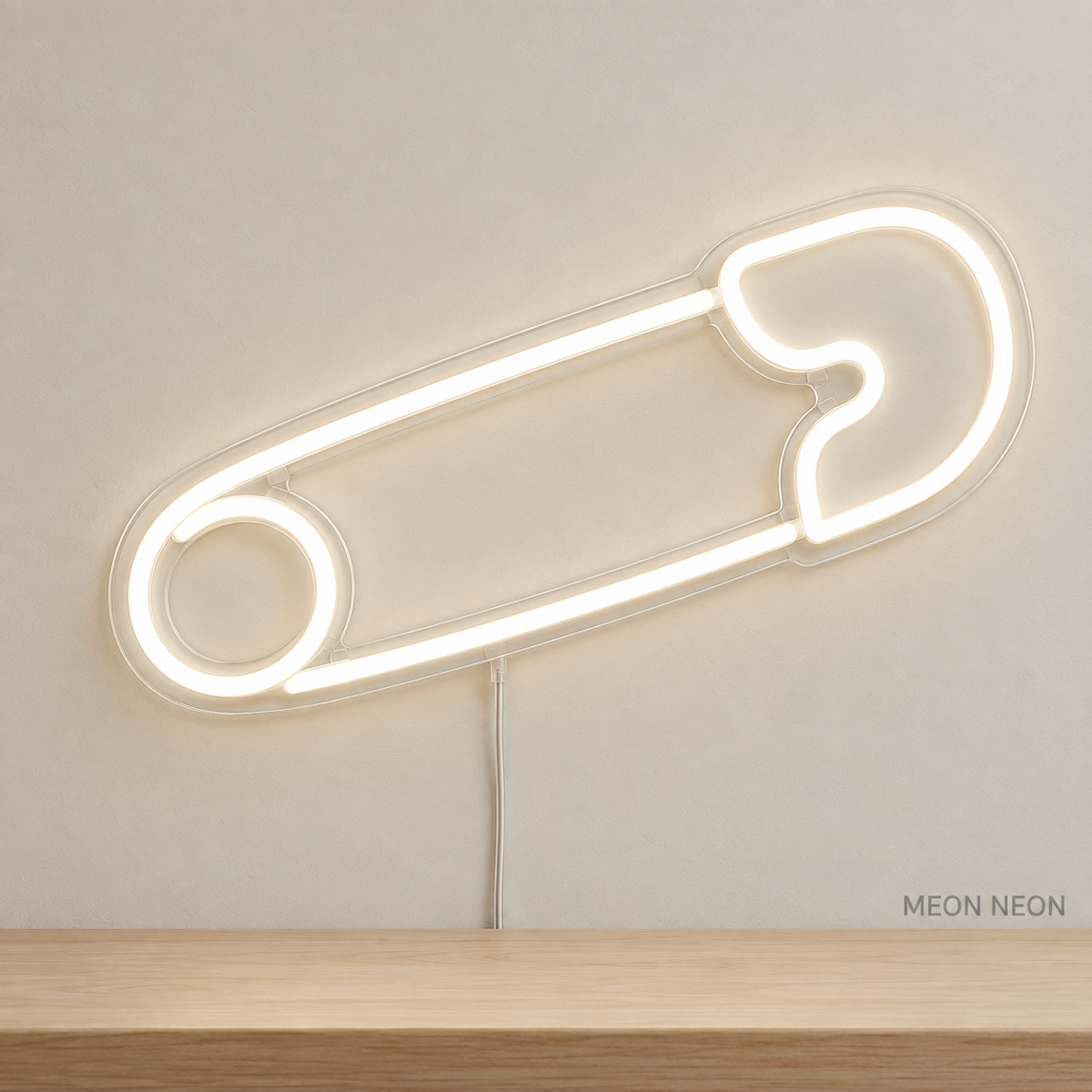 Watermarked concept mockup of Mini Safety Pin LED Neon Sign in White on a clear acrylic backboard.