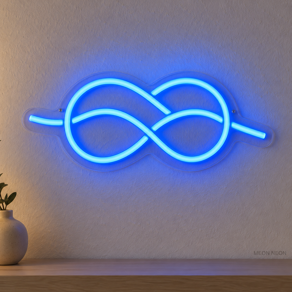 Watermarked concept mockup of Mini Sail Knot LED Neon Sign in Blue on a clear acrylic backboard.