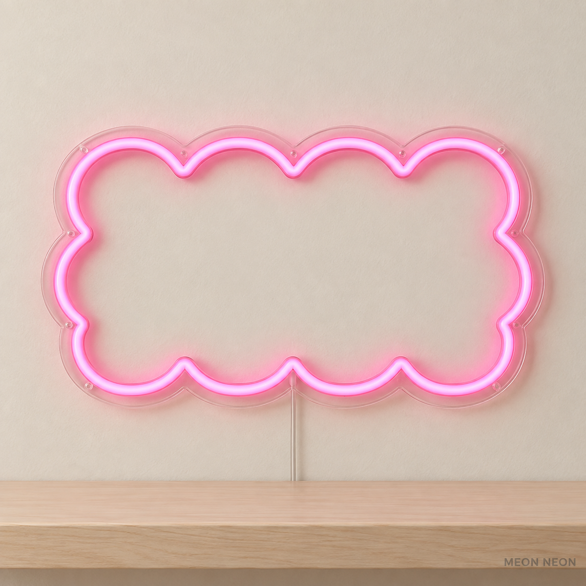 Watermarked concept mockup of Mini Scallop Frame LED Neon Sign in Pink on a clear acrylic backboard.