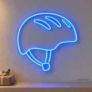Watermarked concept mockup of the Mini Skate Helmet LED Neon Sign in Blue on a clear acrylic backboard.