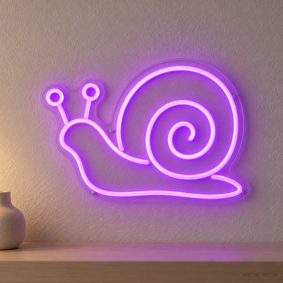 Watermarked concept mockup of Mini Snail LED Neon Sign in Purple on a clear acrylic backboard.