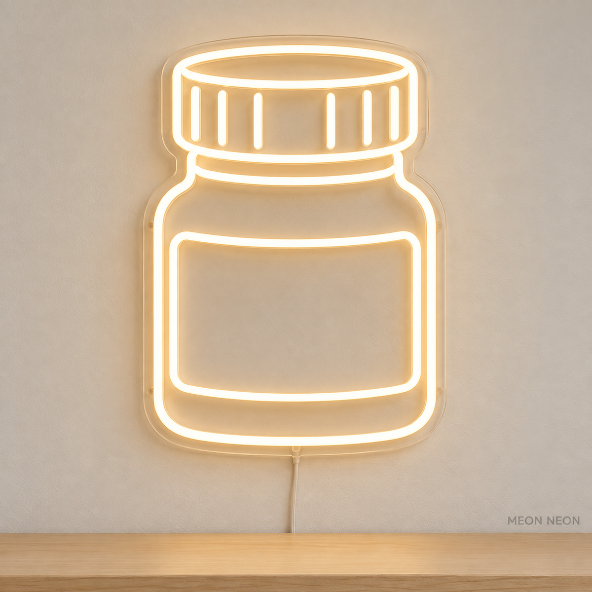 Watermarked concept mockup of Mini Spice Jar LED Neon Sign in Warm White on a clear acrylic backboard.