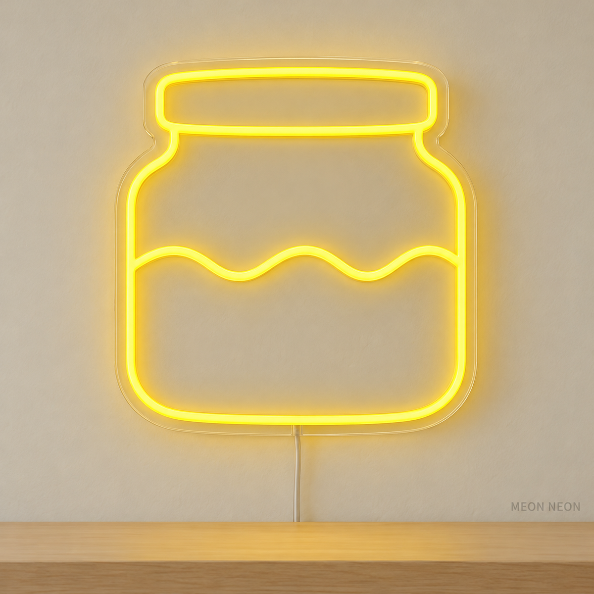 Watermarked concept mockup of Mini Starter Jar LED Neon Sign in Yellow on a clear acrylic backboard.