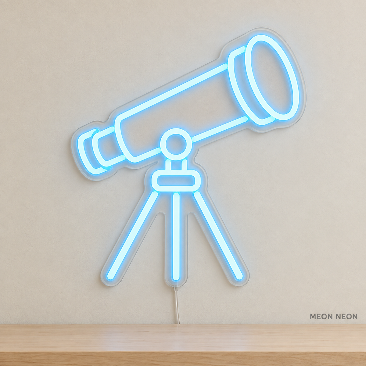 Watermarked concept mockup of Mini Telescope LED Neon Sign in Ice Blue on a clear acrylic backboard.