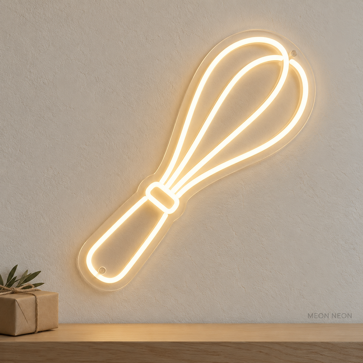 Watermarked concept mockup of the Mini Whisk LED Neon Sign in Warm White on a clear acrylic backboard.