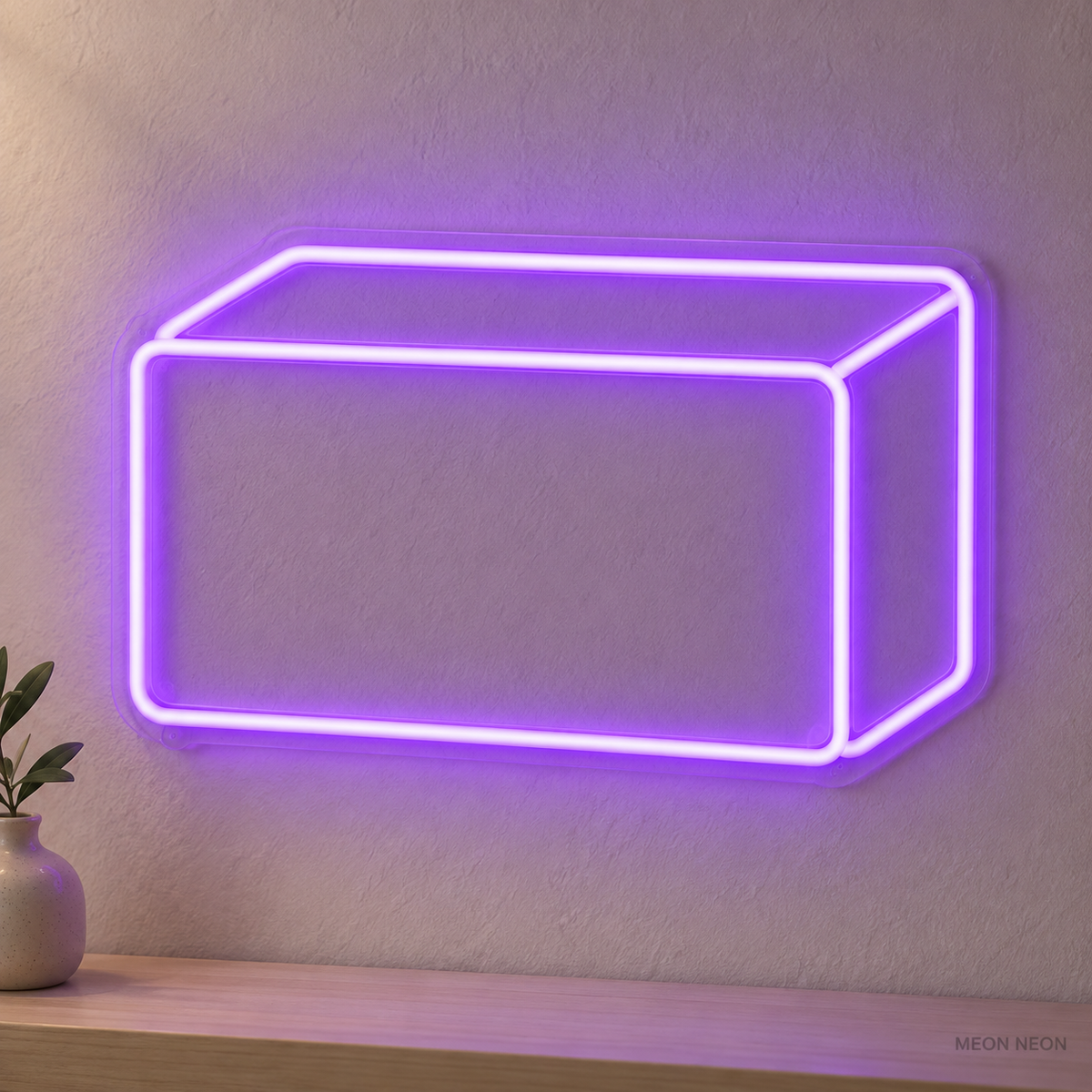 Watermarked concept mockup of Mini Yoga Block LED Neon Sign in Purple on a clear acrylic backboard.