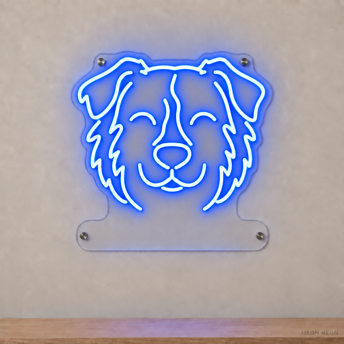 MEON NEON-watermarked concept mockup of a Blue Miniature American Shepherd head LED neon sign with a blank acrylic area for a UV-printed breed caption or dog name.