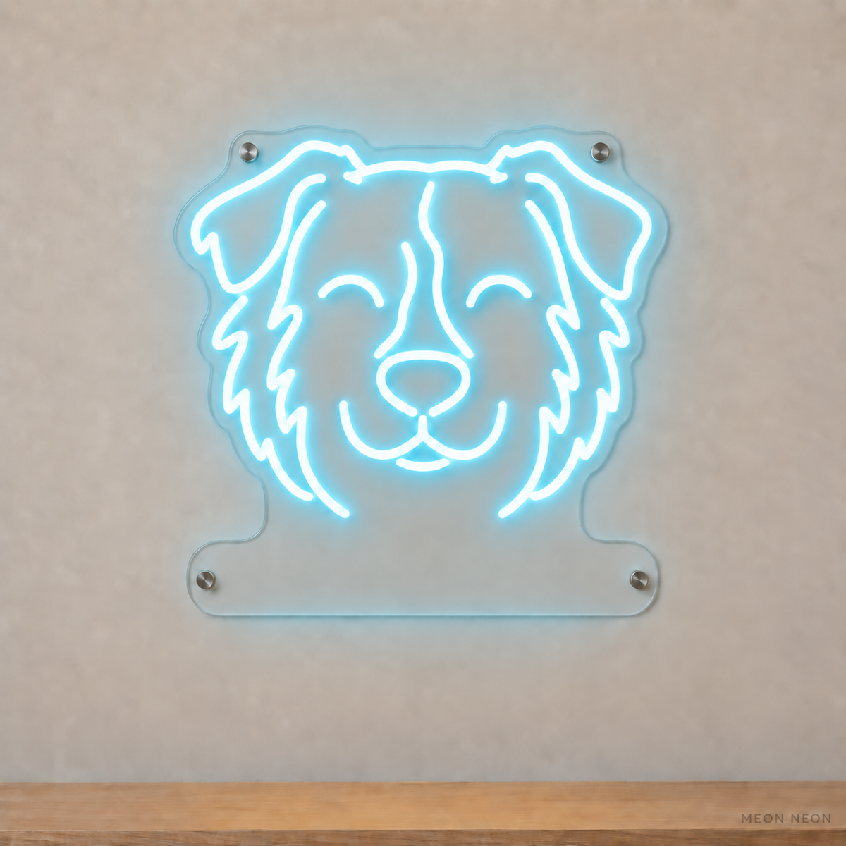 MEON NEON-watermarked concept mockup of a Ice Blue Miniature American Shepherd head LED neon sign with a blank acrylic area for a UV-printed breed caption or dog name.