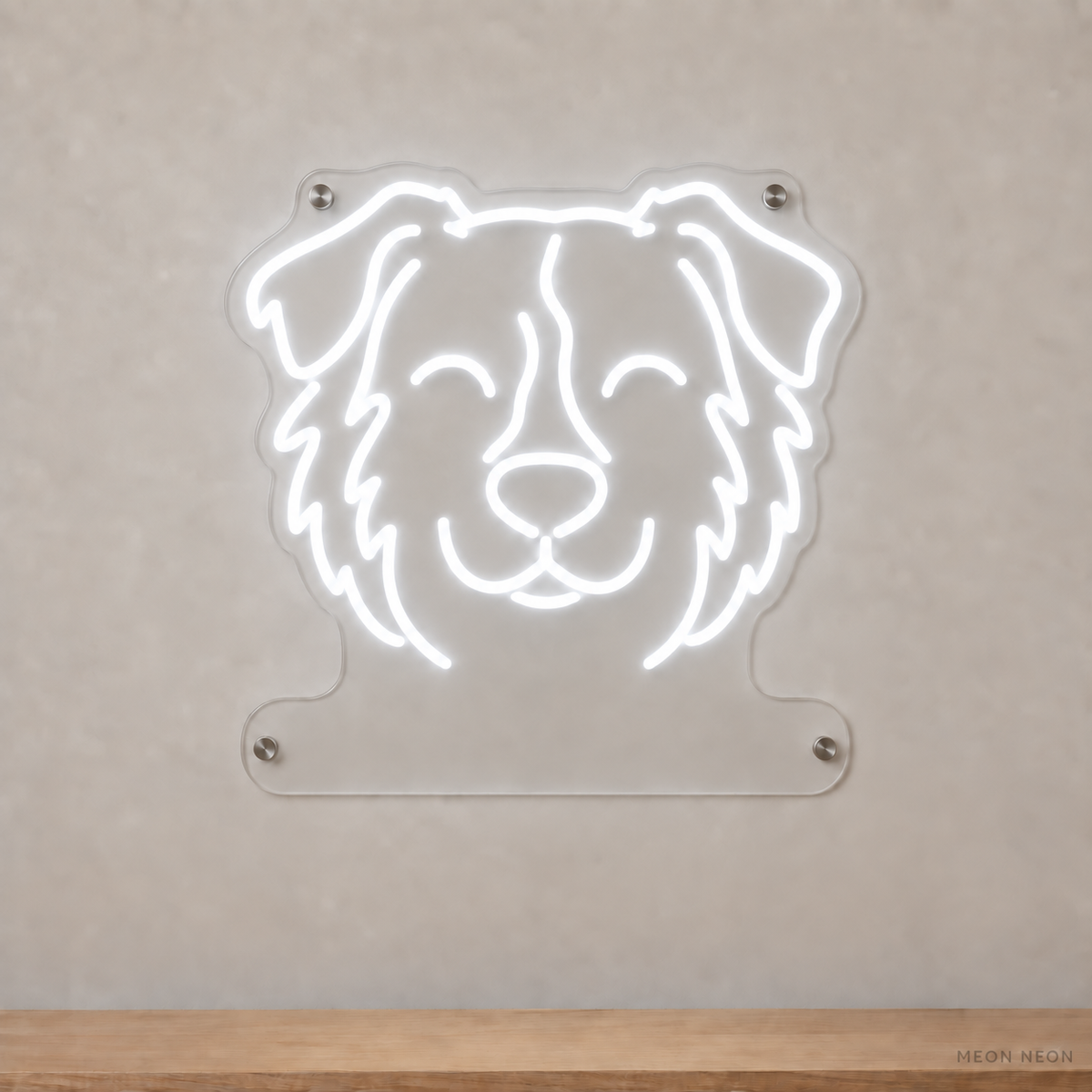 MEON NEON-watermarked concept mockup of a White Miniature American Shepherd head LED neon sign with a blank acrylic area for a UV-printed breed caption or dog name.