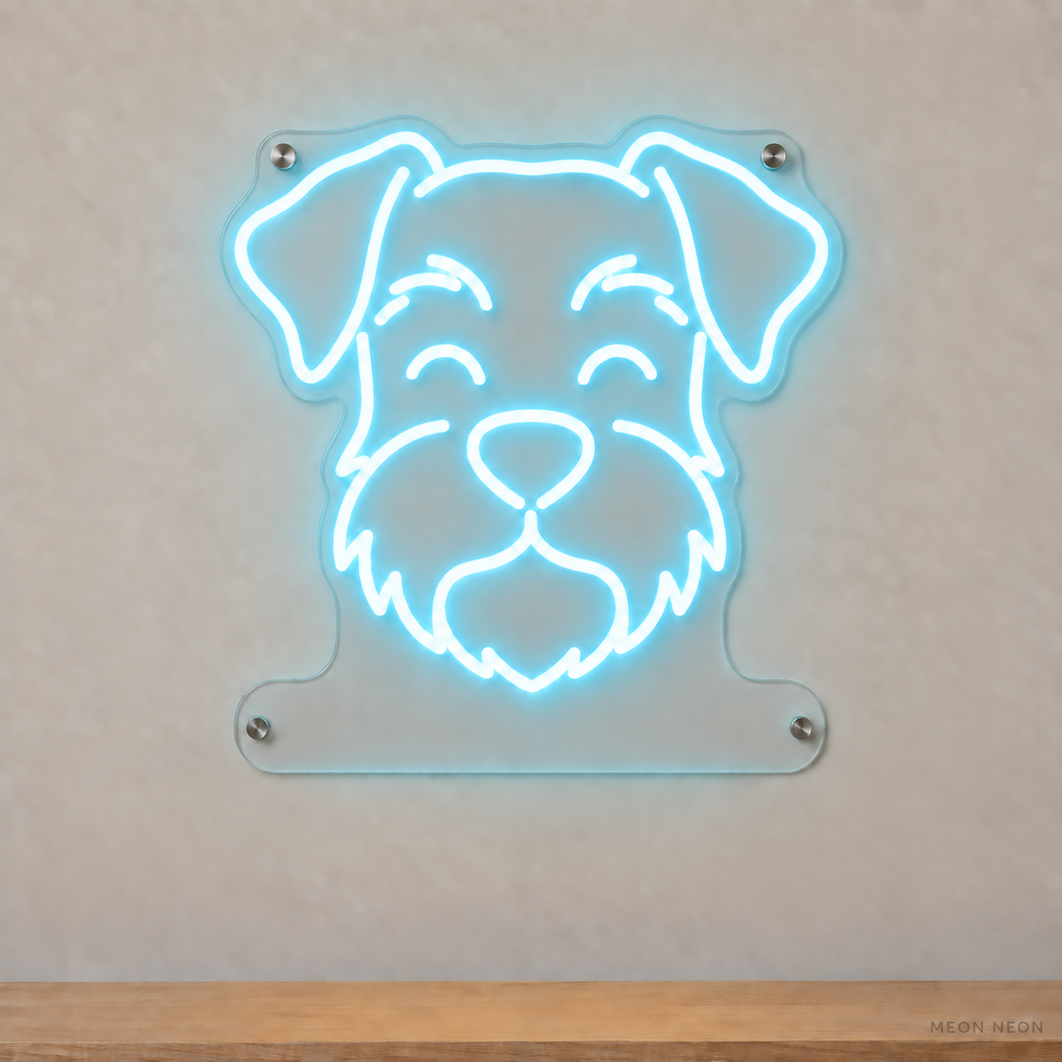MEON NEON-watermarked concept mockup of a Ice Blue Miniature Schnauzer head LED neon sign with a blank acrylic area for a UV-printed breed caption or dog name.