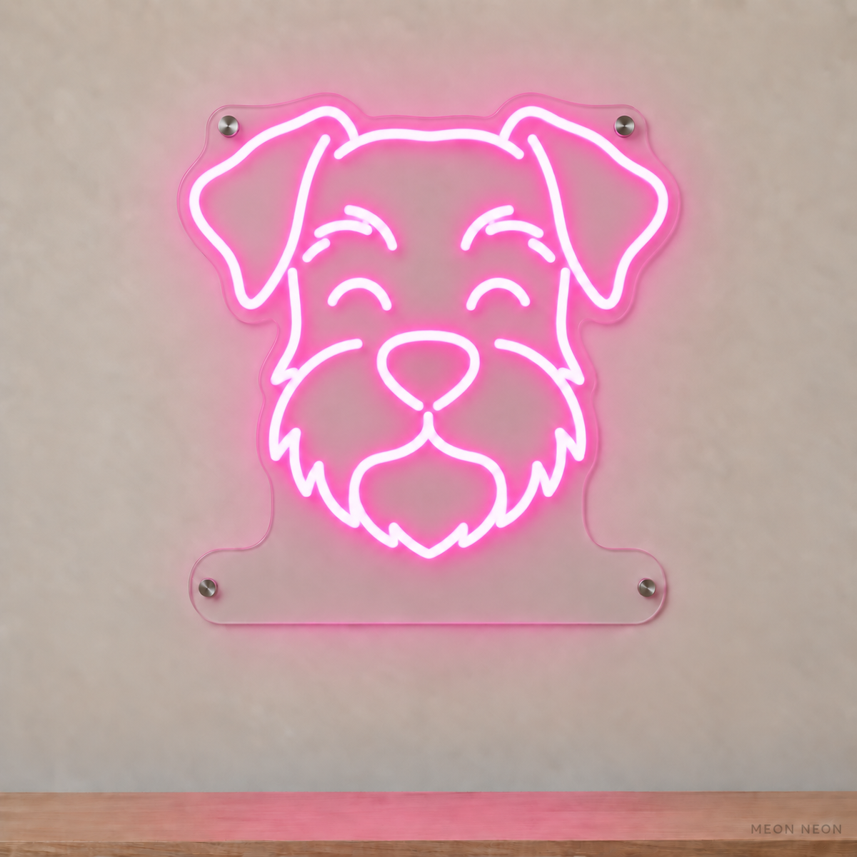 MEON NEON-watermarked concept mockup of a Pink Miniature Schnauzer head LED neon sign with a blank acrylic area for a UV-printed breed caption or dog name.