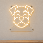 MEON NEON-watermarked concept mockup of a Warm White Miniature Schnauzer head LED neon sign with a blank acrylic area for a UV-printed breed caption or dog name.