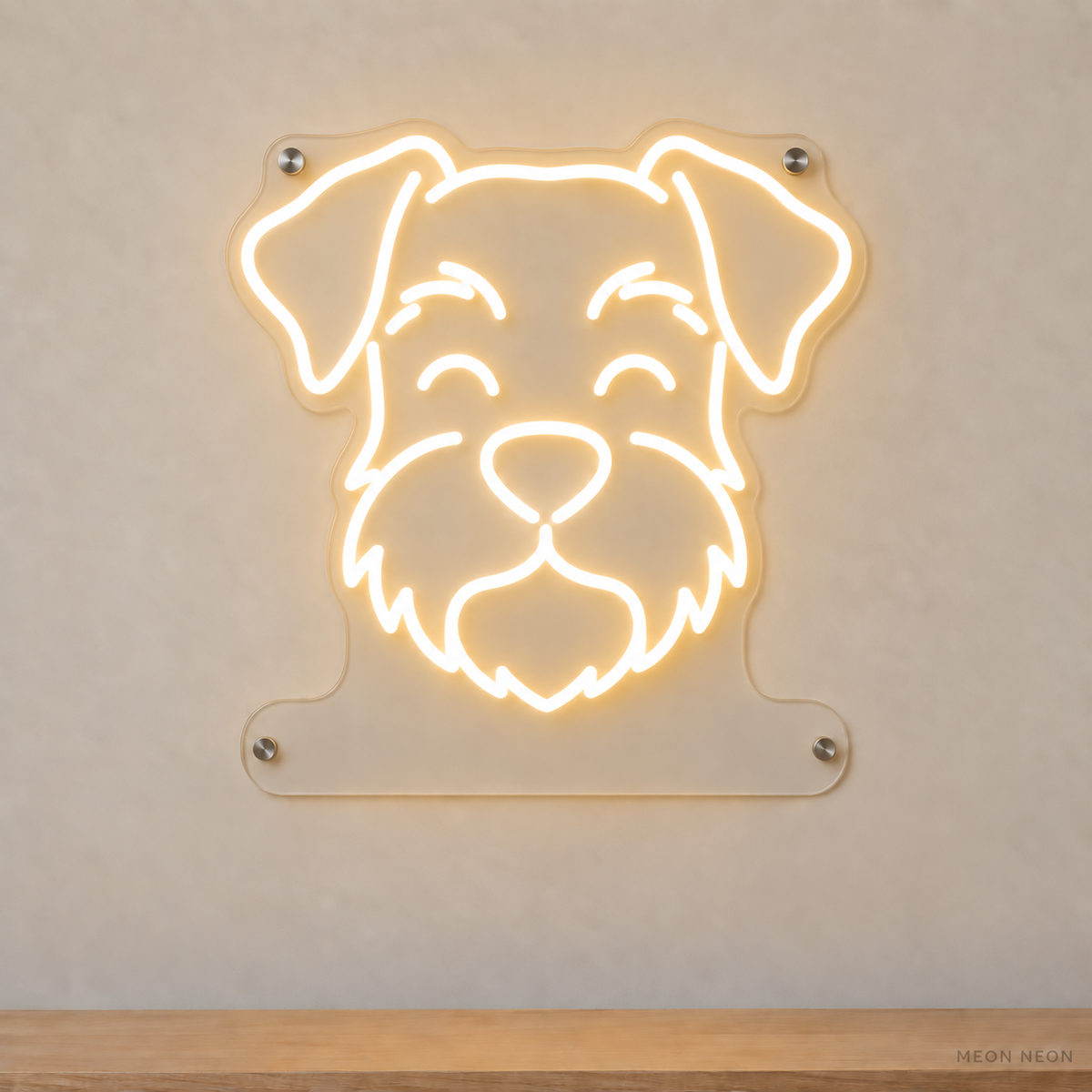 MEON NEON-watermarked concept mockup of a Warm White Miniature Schnauzer head LED neon sign with a blank acrylic area for a UV-printed breed caption or dog name.