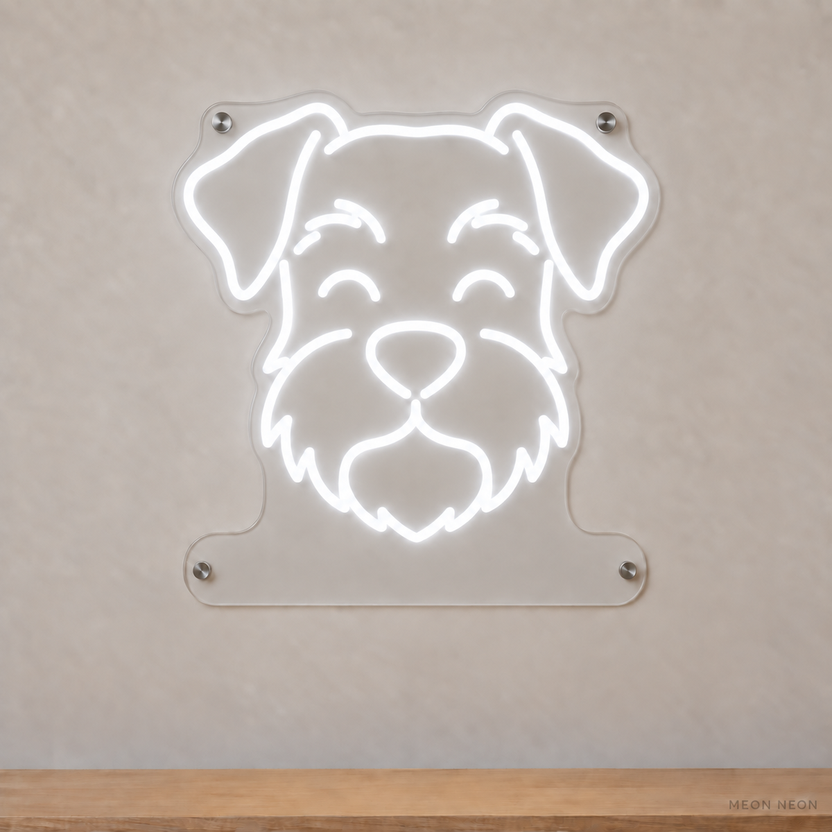 MEON NEON-watermarked concept mockup of a White Miniature Schnauzer head LED neon sign with a blank acrylic area for a UV-printed breed caption or dog name.
