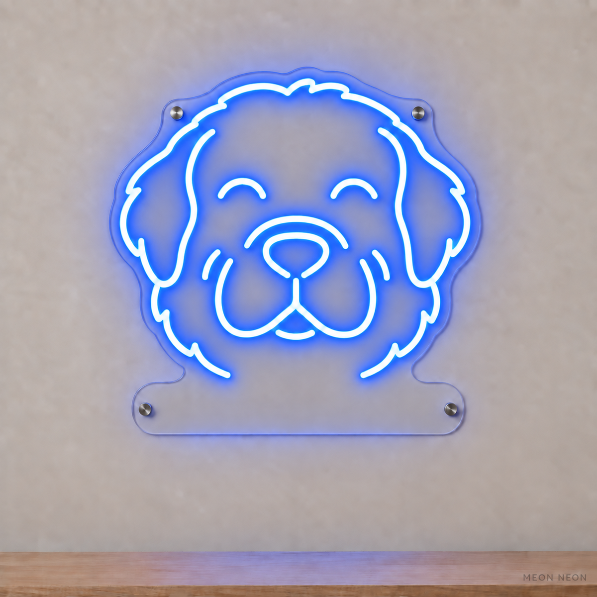 MEON NEON-watermarked concept mockup of a Blue Newfoundland head LED neon sign with a blank acrylic area for a UV-printed breed caption or dog name.