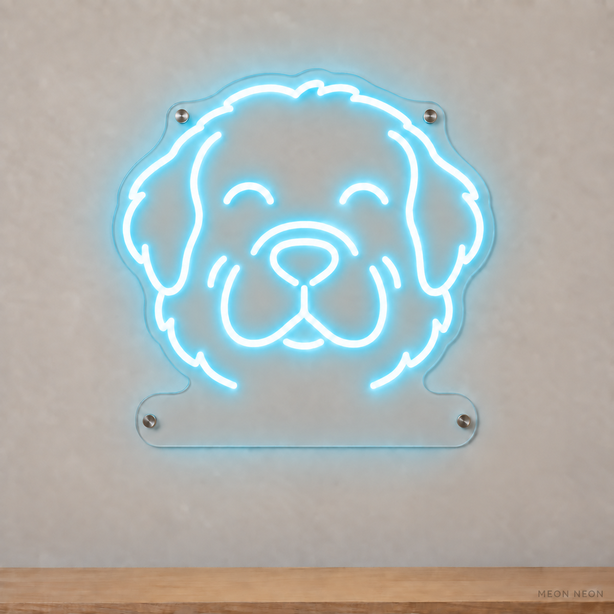 MEON NEON-watermarked concept mockup of a Ice Blue Newfoundland head LED neon sign with a blank acrylic area for a UV-printed breed caption or dog name.