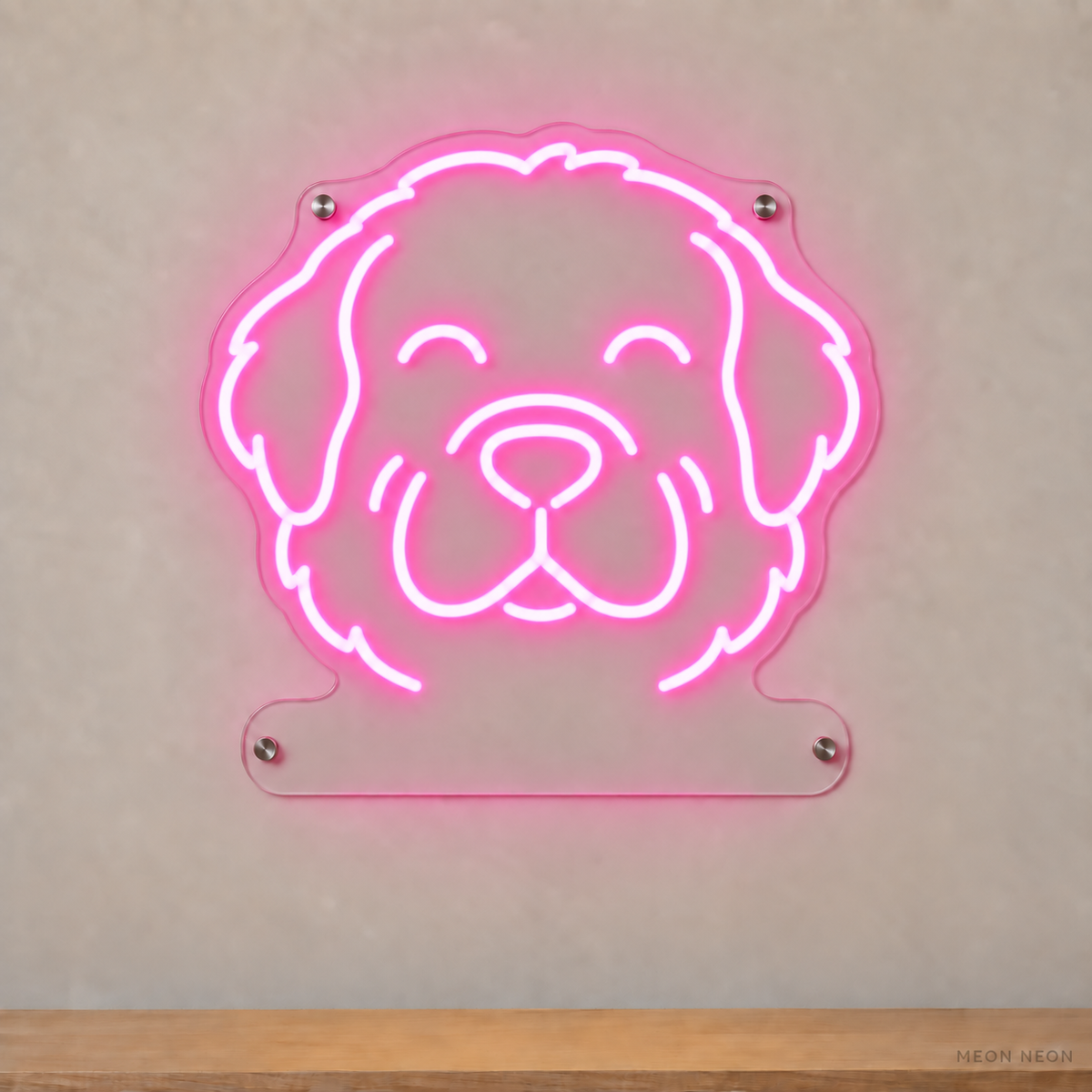 MEON NEON-watermarked concept mockup of a Pink Newfoundland head LED neon sign with a blank acrylic area for a UV-printed breed caption or dog name.