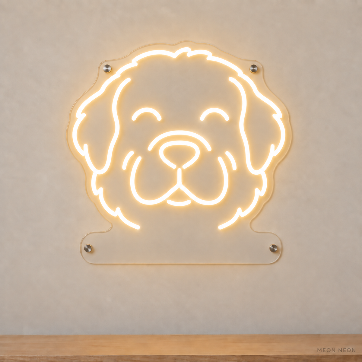 MEON NEON-watermarked concept mockup of a Warm White Newfoundland head LED neon sign with a blank acrylic area for a UV-printed breed caption or dog name.