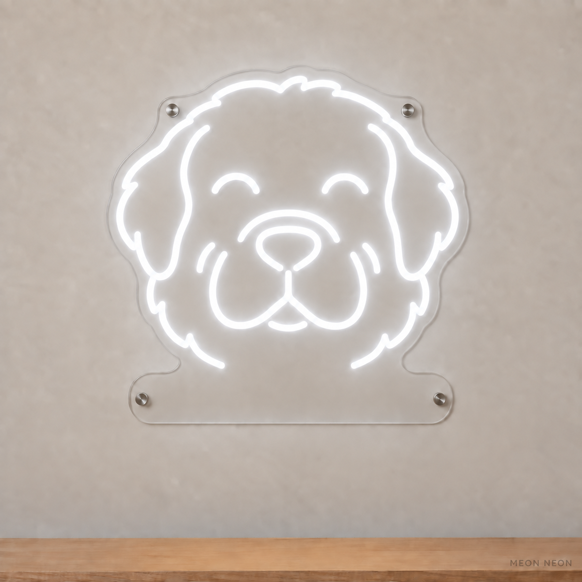 MEON NEON-watermarked concept mockup of a White Newfoundland head LED neon sign with a blank acrylic area for a UV-printed breed caption or dog name.